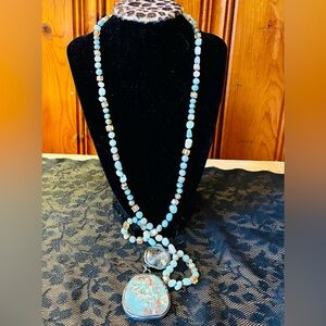 Turquoise and Silver Beaded Necklace with Pendant